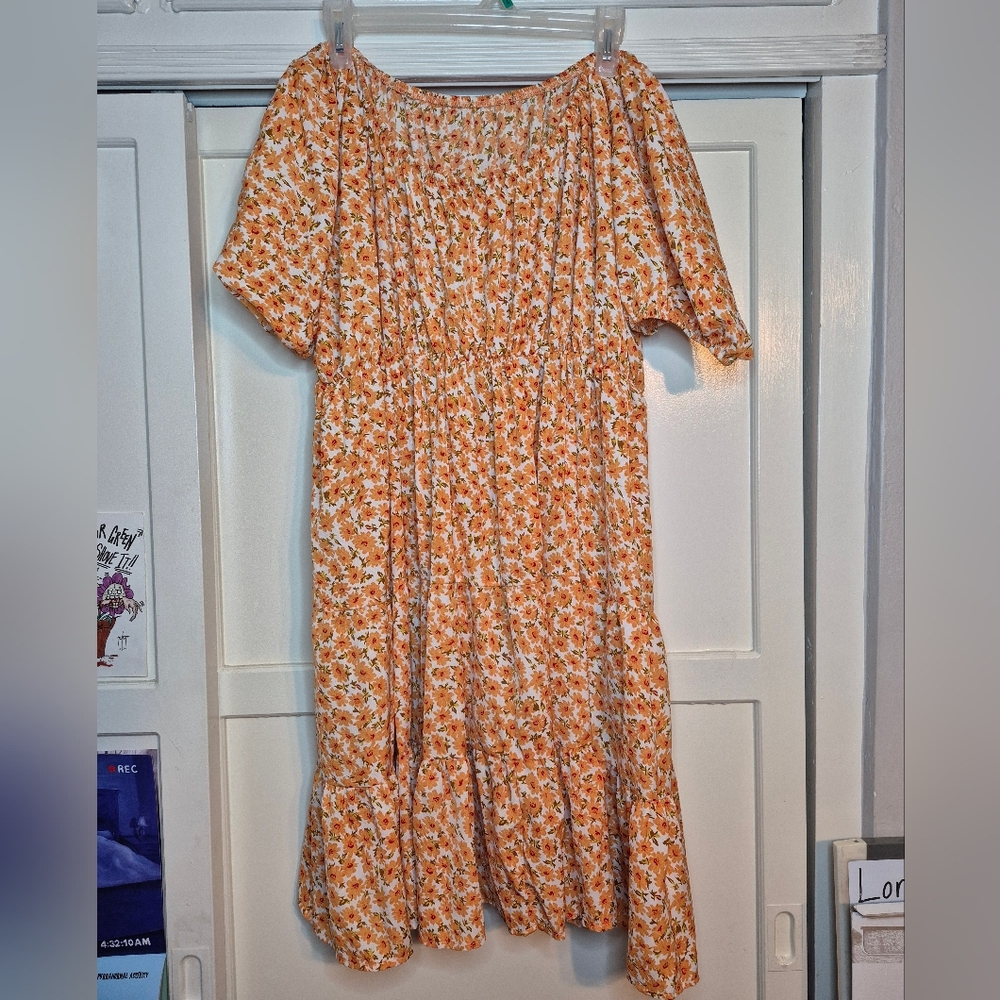 Off the Shoulder Floral Dress, Shein, 20(4XL), Orange